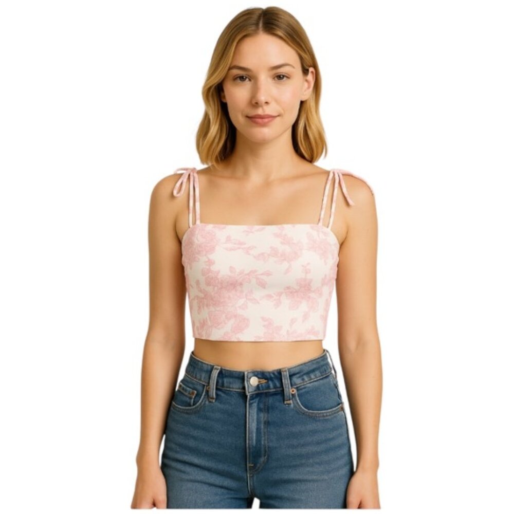 Shein White Floral Print Shoulder Tie Cami Crop Top  NEW WITH TAGS
